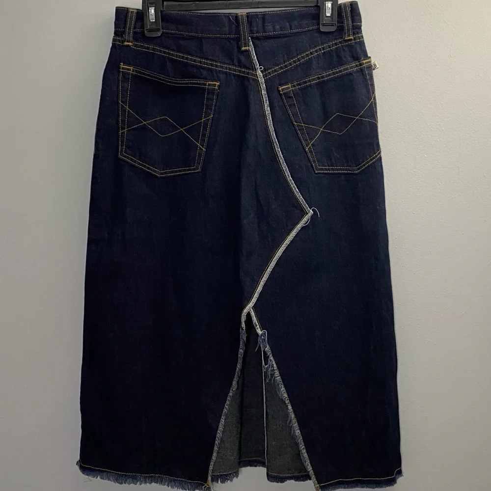 BILLY‎ BLUES VINTAGE 90s Denim Y2K Skirt Dark Wash Jeans Midi Sz 8 Button Fly